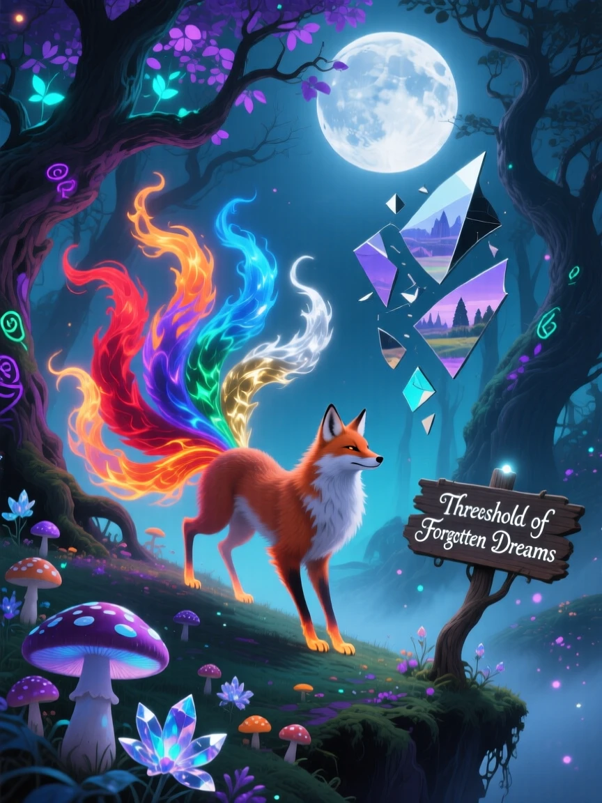 A kitsune with nine tails each trailing a different color of flame drifts quietly along the edge of a moonlit forest, while the surrounding air shimmers faintly with old magic.