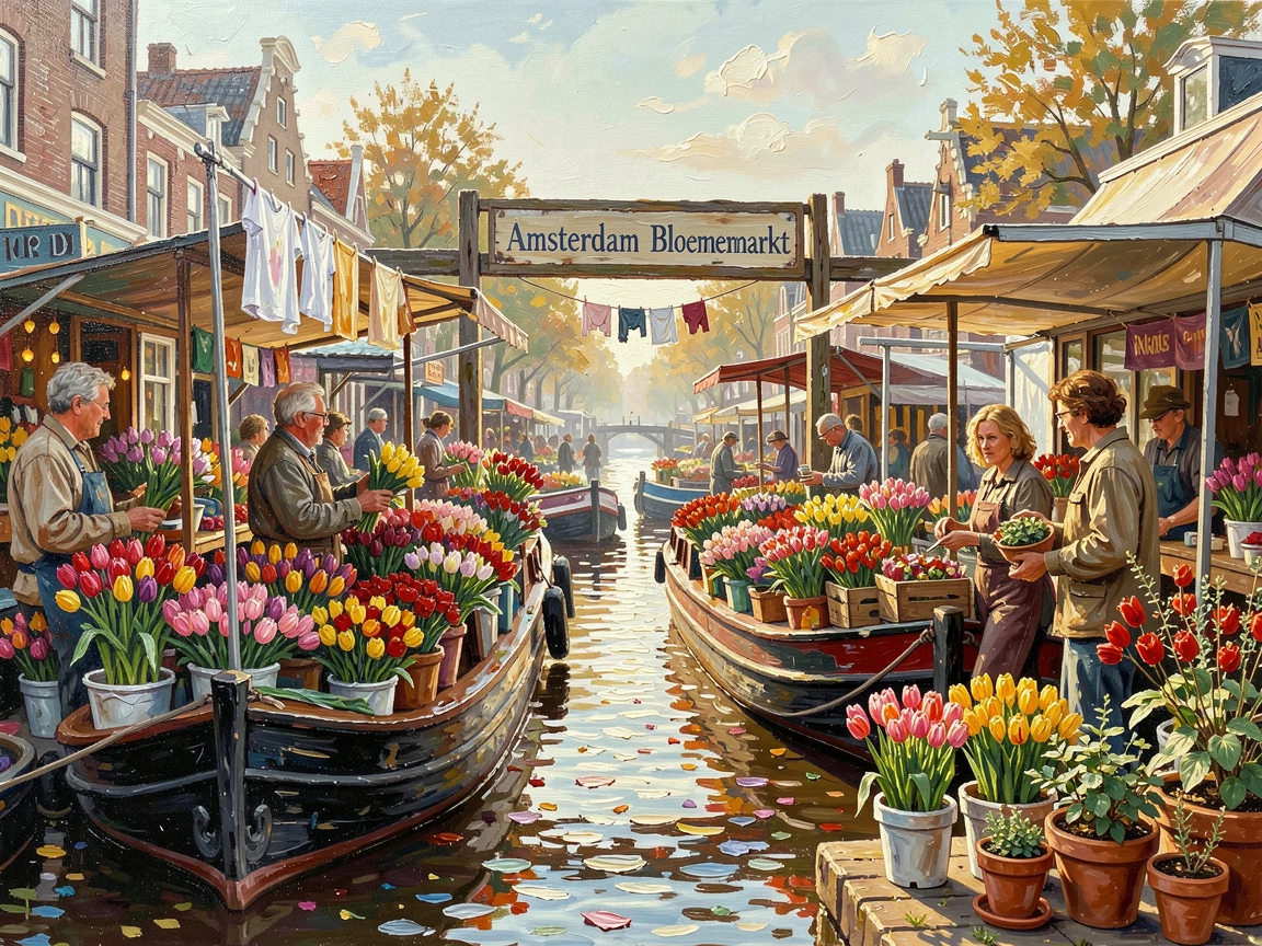 A bustling flower market in Amsterdam floats on barges along a canal, vibrant tulip bouquets stacked beside vendors calling out prices, small everyday details, like drying laundry or potted plants, giving the scene a lived-in warmth.