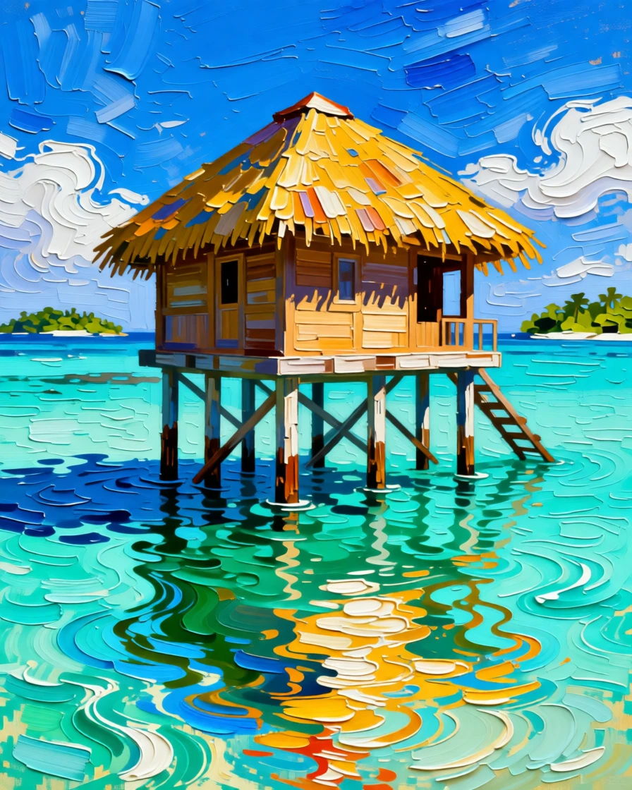 A tiny overwater bungalow on stilts above a turquoise lagoon in the Maldives