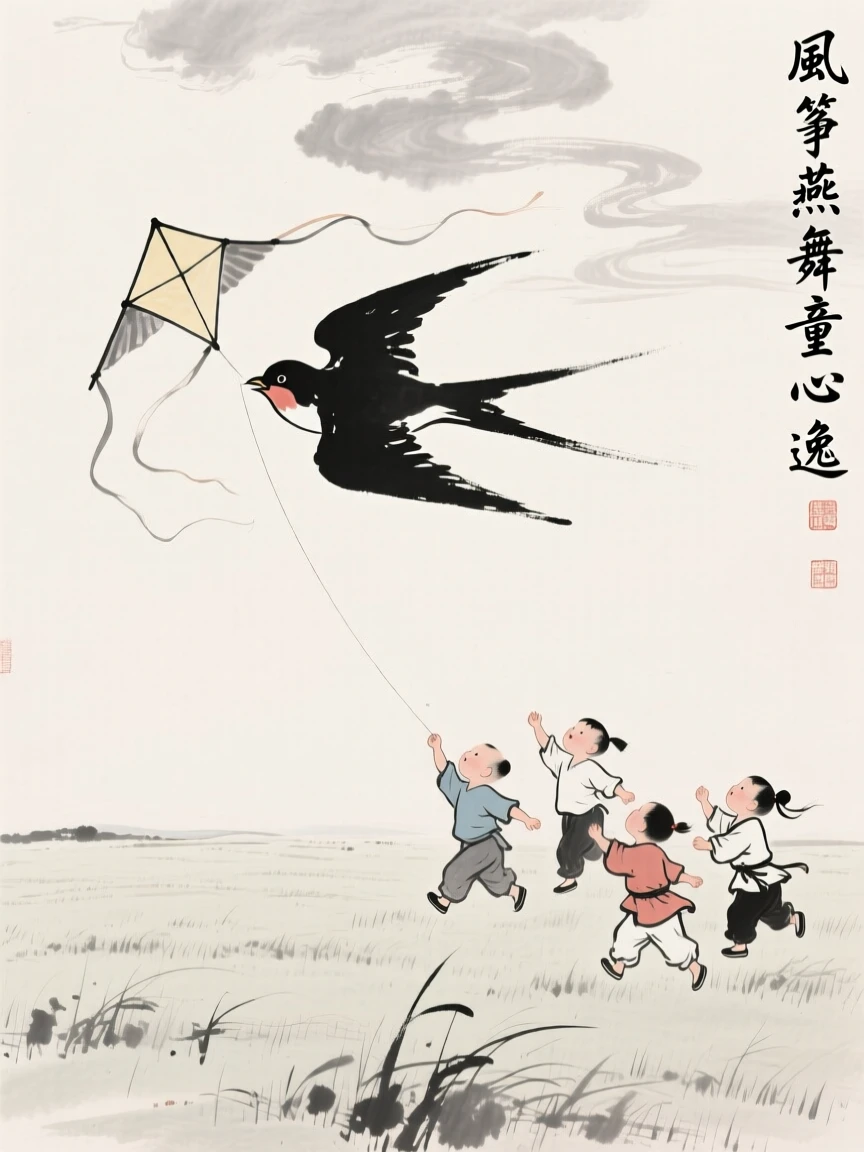 A group of children fly a kite shaped like a swallow above an open field, beneath a sky filled with drifting clouds.