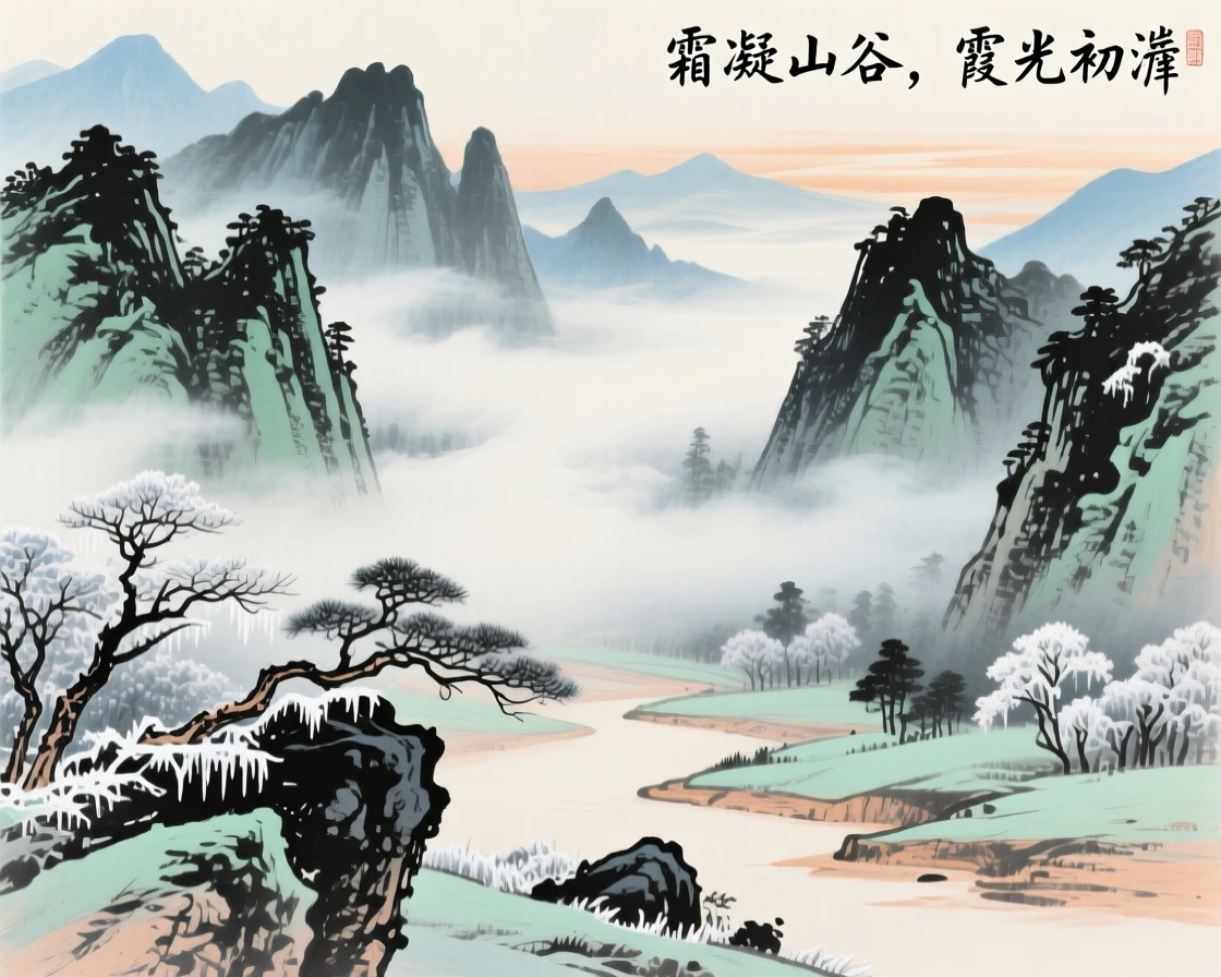 A misty valley where clouds pool between the peaks, as winter frost settles, filled with tranquil stillness, as morning mist begins to lift.
