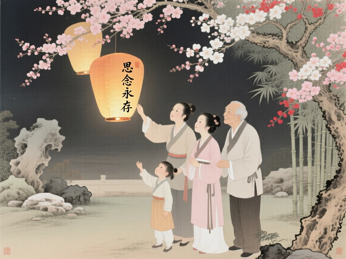 A family releasing lanterns together to celebrate a loved one's memory, beneath a canopy of blossoming trees