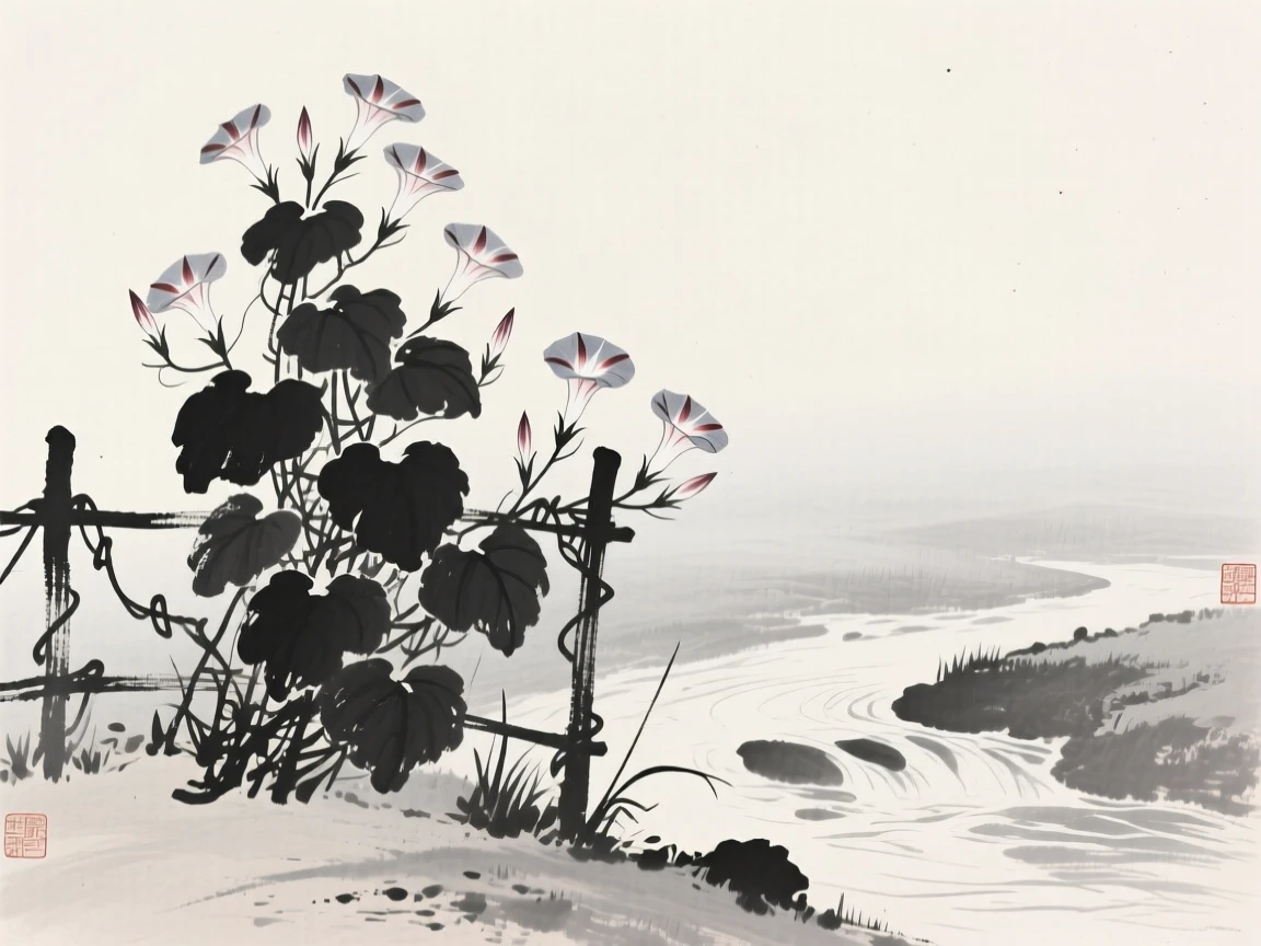A cluster of morning glories on a fence along the bank of a slow-moving stream, set against a soft gradient of misty background, capturing a delicate, transient moment in bloom.