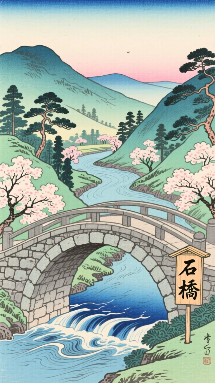 A stone canal bridge overlooking a winding river valley.