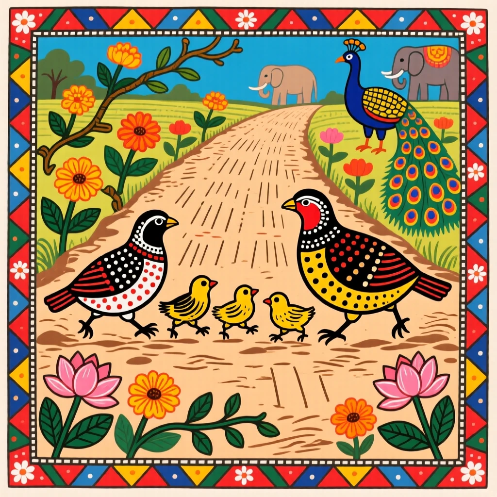 A family of quail scurrying together across a dusty farm path.