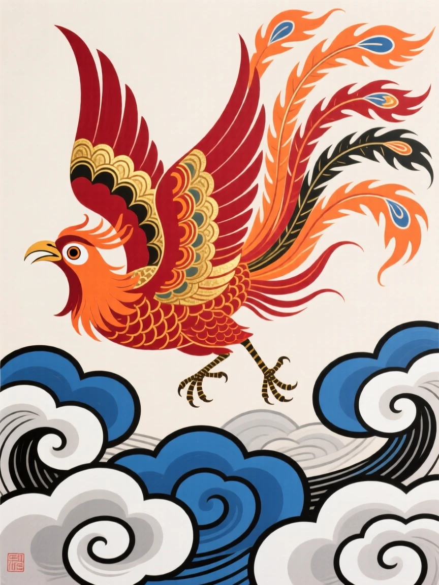 A phoenix with flowing tail feathers, soaring above swirling clouds.