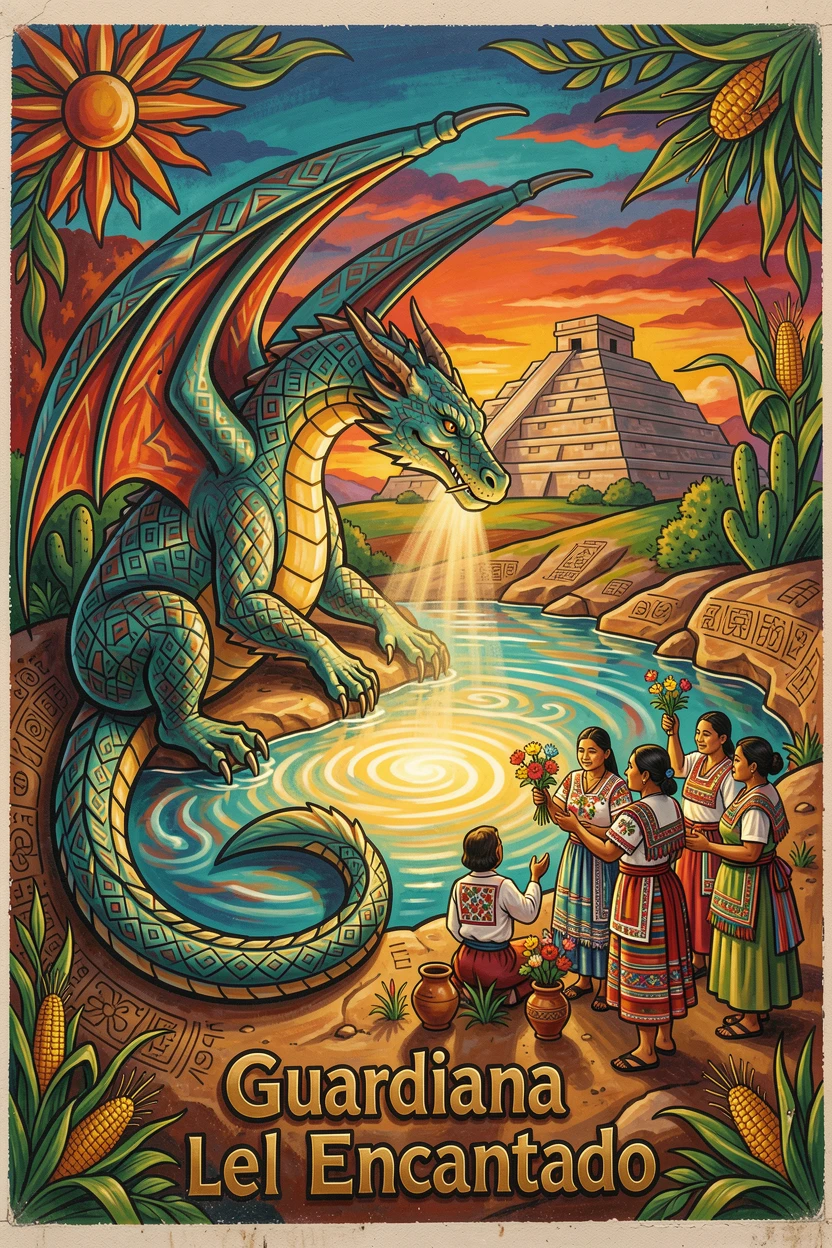 A dragon resting beside a glowing enchanted lake