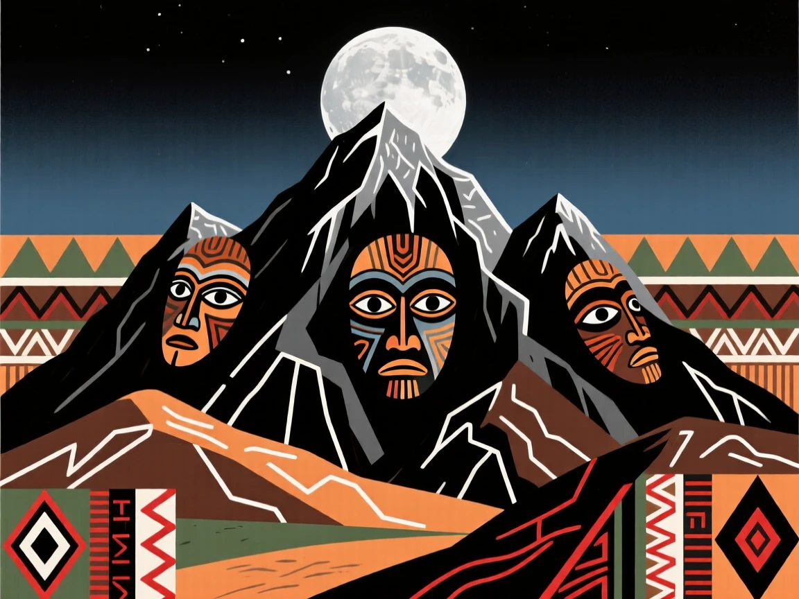 A towering mountain range lit by the pale silver light of the moon.