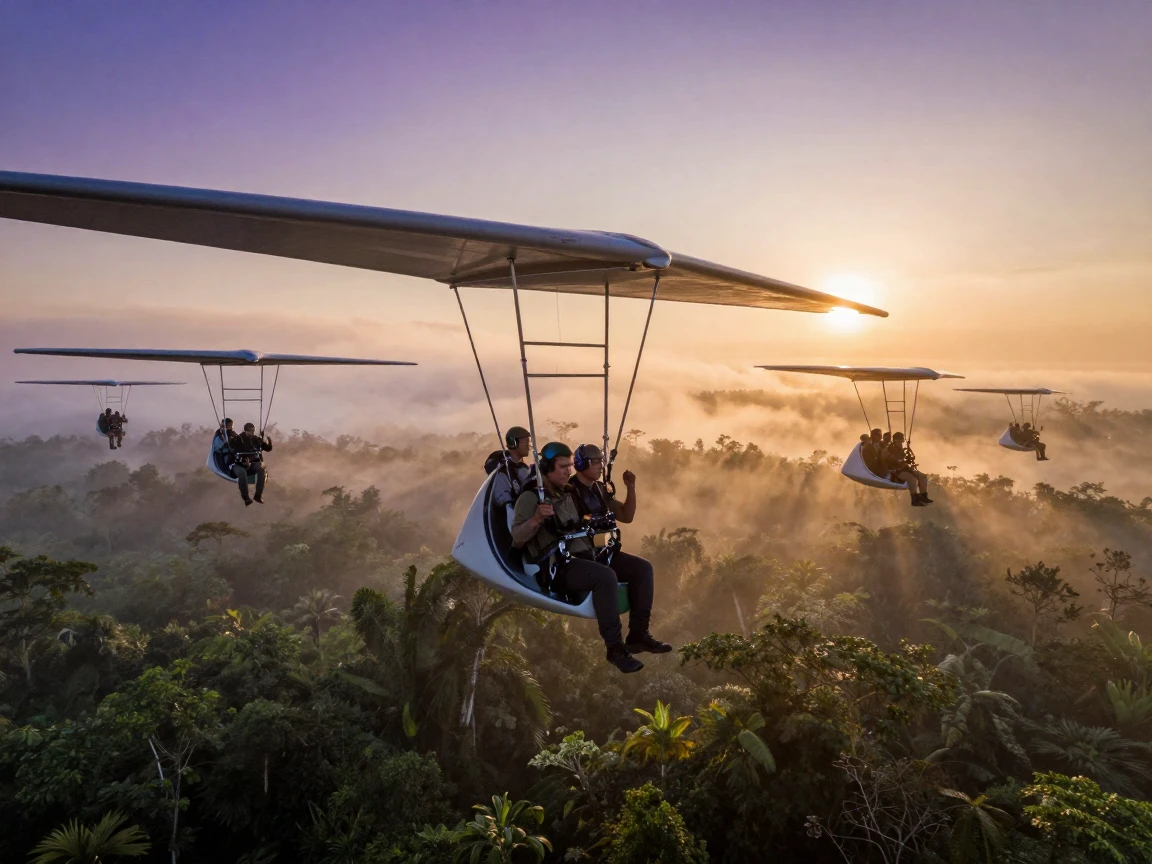 A team of researchers gliding above the clouds at sunrise in the heart of a remote rainforest