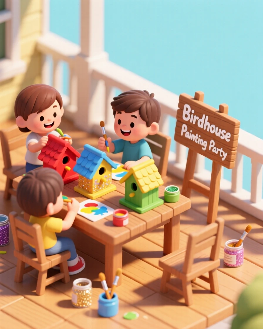 A birdhouse painting party on a sunny porch, children decorating wooden houses with bright colors and glitter.