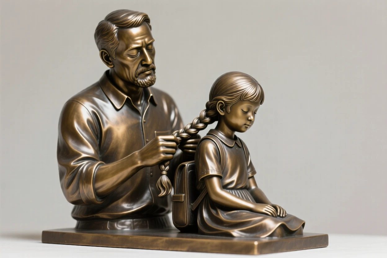 A father braiding his daughter's hair before school, with eyes closed in peaceful serenity, forming a strong central focal point