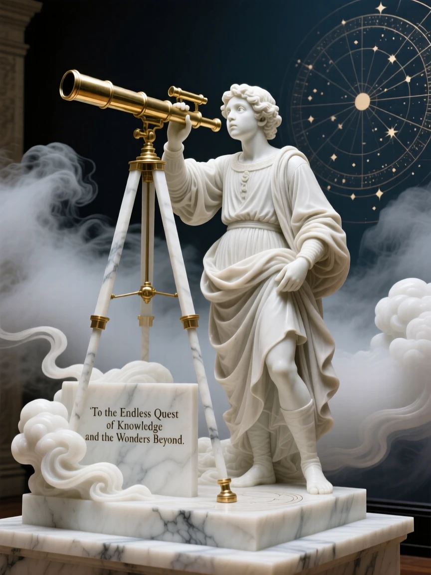 A vivid, emotionally rich scene of a young astronomer gazing through a telescope, amid swirling clouds and mist, designed to captivate and inspire