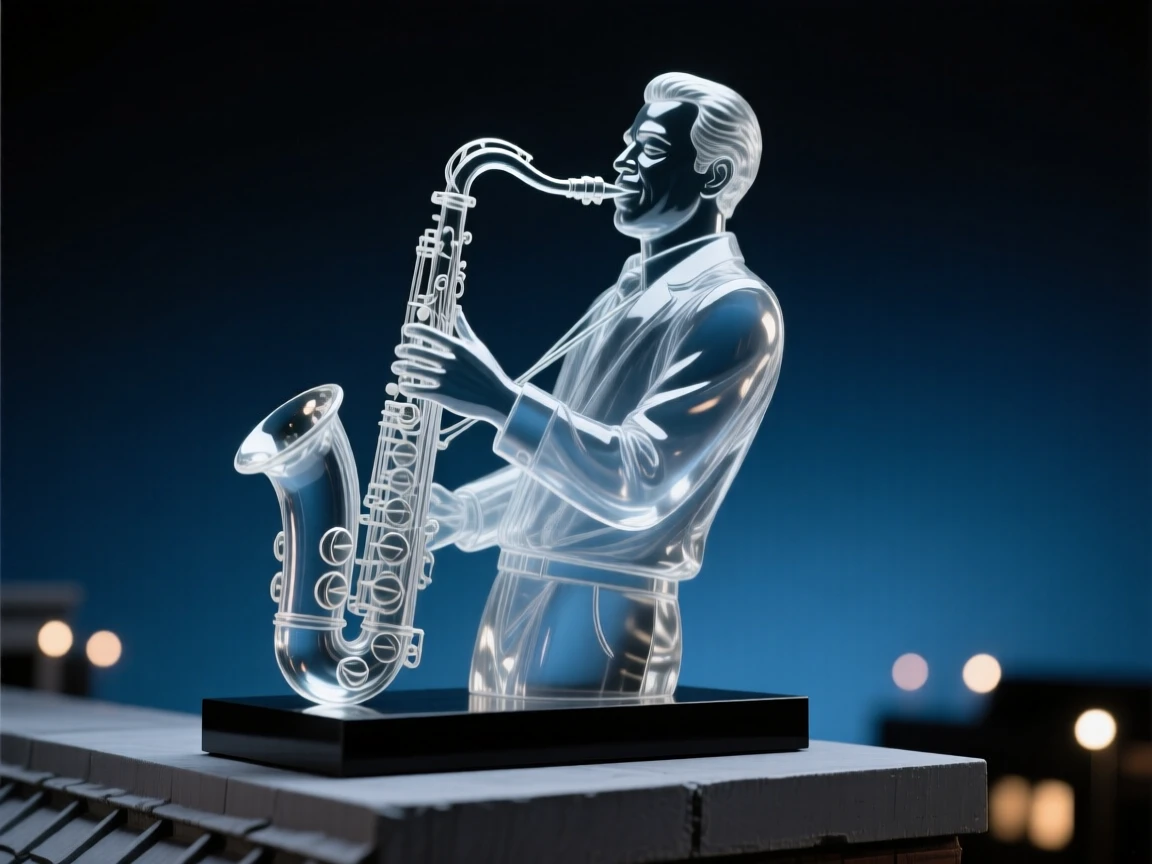 A jazz musician playing saxophone on a rooftop at night with the sound of applause rising from an unseen audience