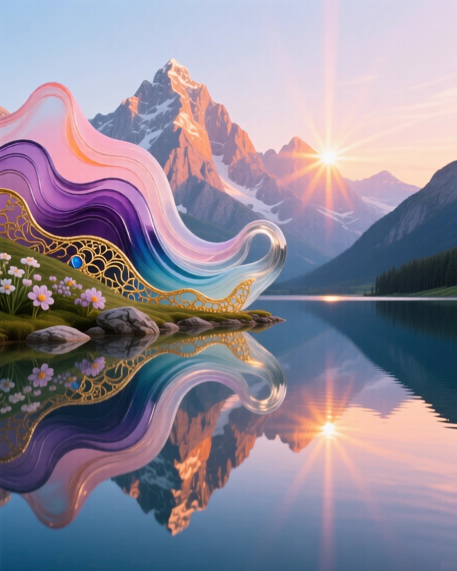 A grand mountain range reflected perfectly in a still alpine lake at dawn, majestic and serene.