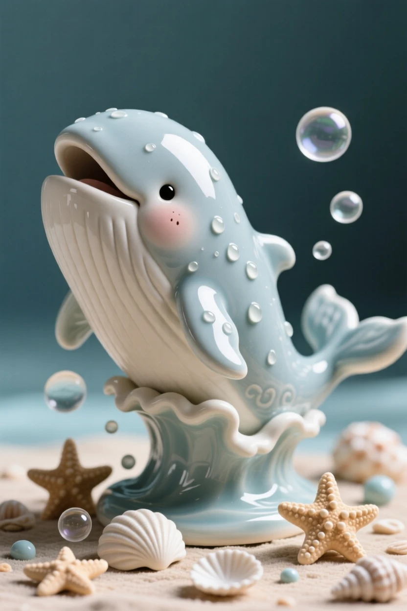 A chubby baby whale breaching playfully posed with an adorably curious tilt of the head, framed by a scattering of small playful props, radiating adorable, joyful innocence.