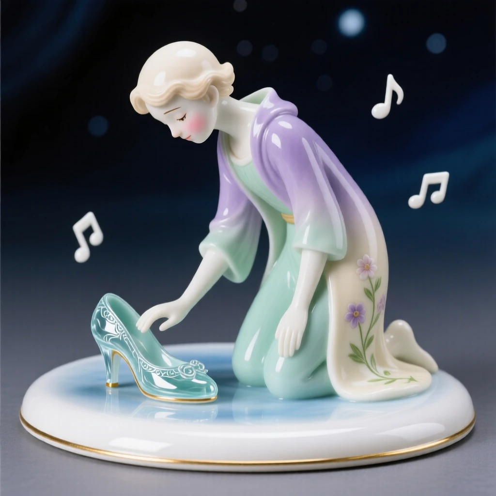 A storybook depiction of the Pied Piper trying on a glass slipper at midnight, full of gentle storybook wonder.