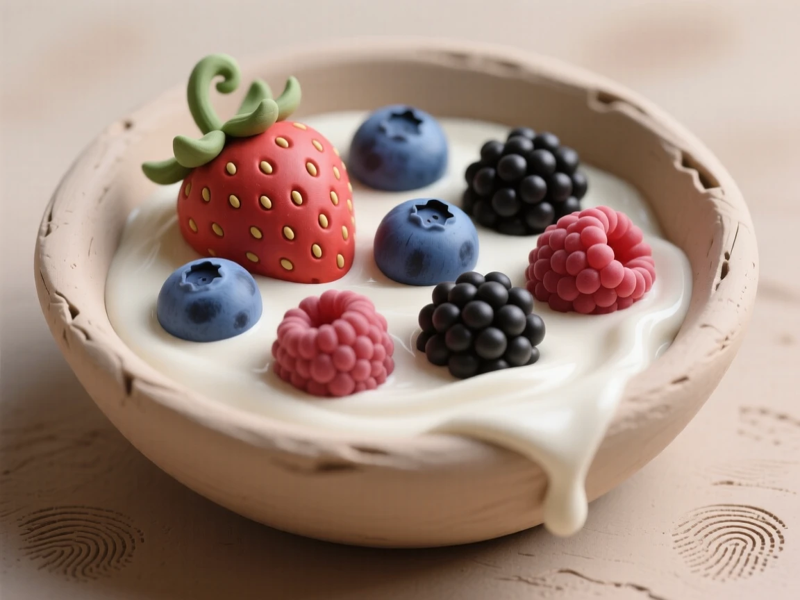 A bowl of fresh berries floating gently in cream