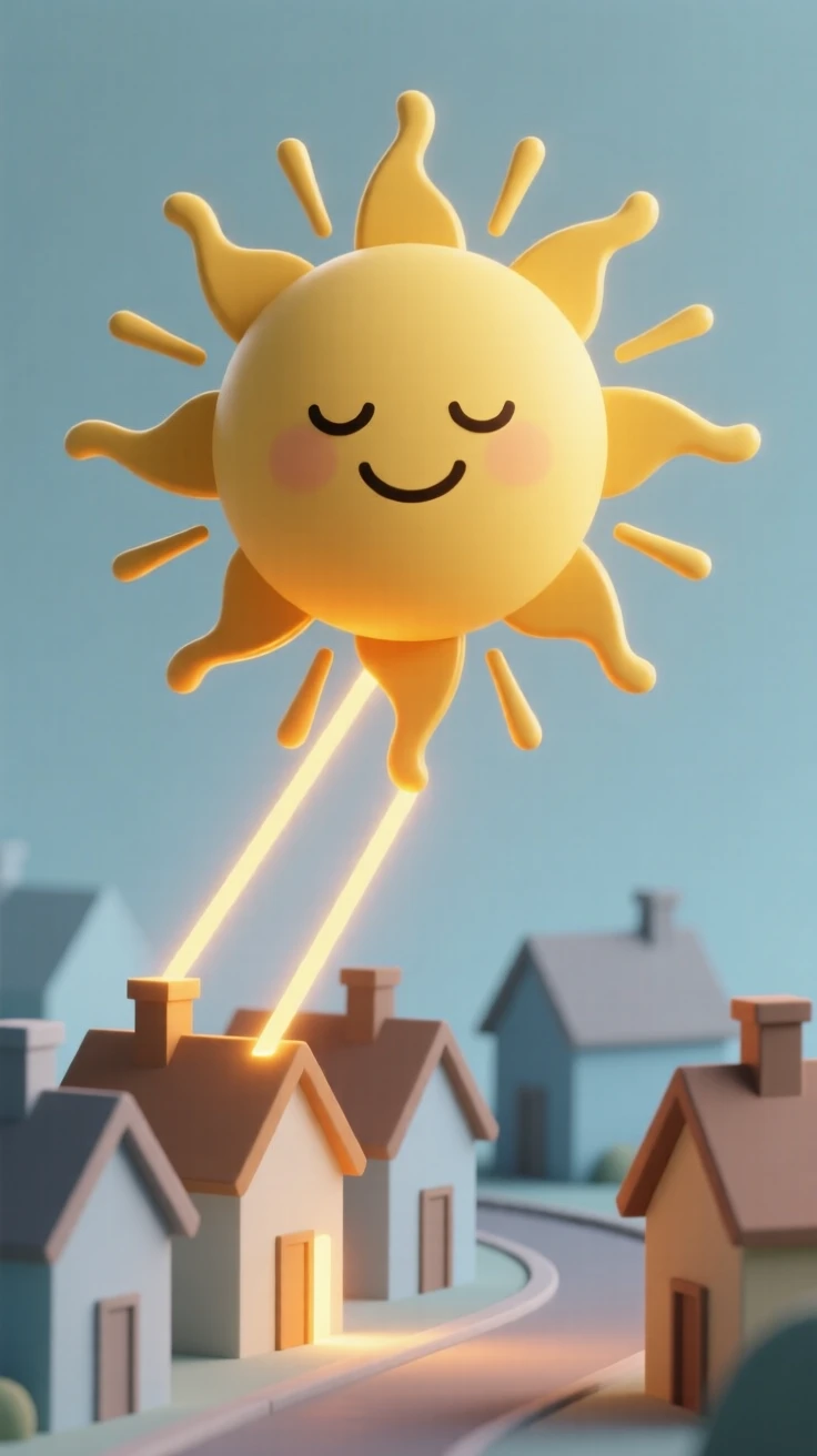 A cheerful sun spirit stretches golden rays across a sleepy village, waking rooftops one warm beam at a time.
