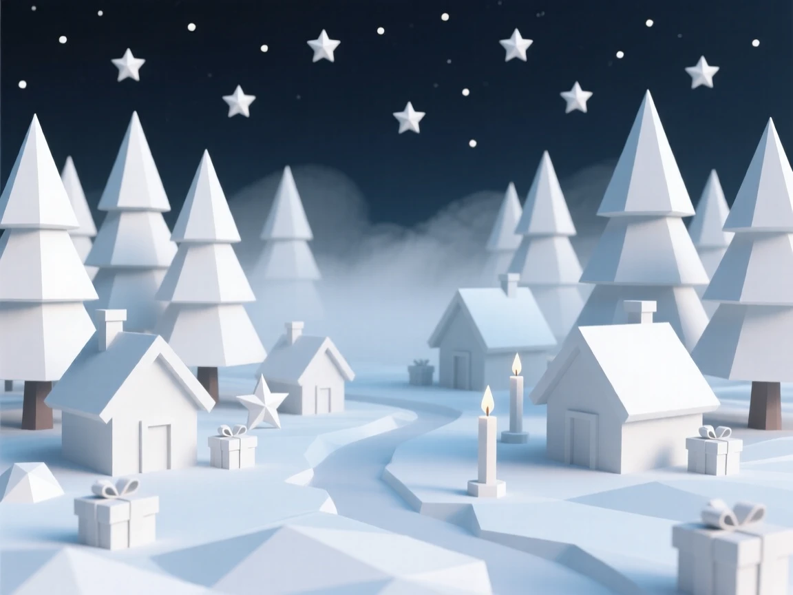 A snow-covered pine forest under twinkling stars, as morning mist clears over a festive village. small charming details enrich the festive setting. The moment feels magical and full of wonder.