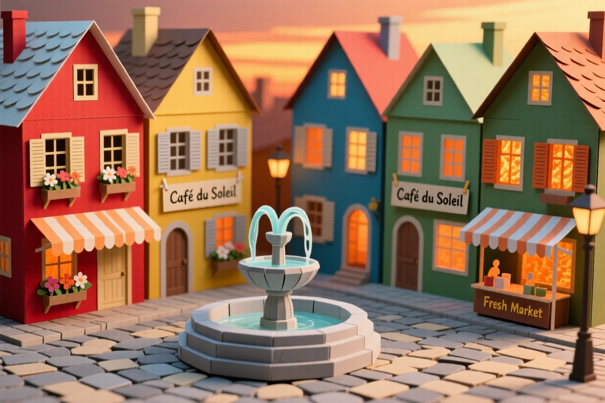 A historic old town square glowing warmly at sunset, with colorful buildings lining the path, conveying vibrant local energy.