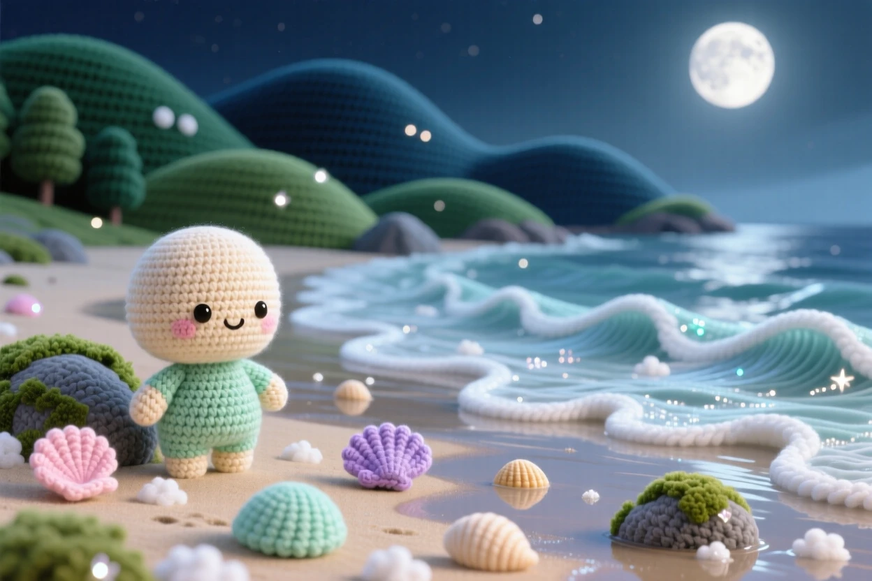 A tranquil view of a moonlit beach at low tide, with gentle waves rolling in, scattered with softly glowing seashells, framed by distant rolling hills, with a cluster of soft mossy rocks, evoking quiet wonder at the wild world.