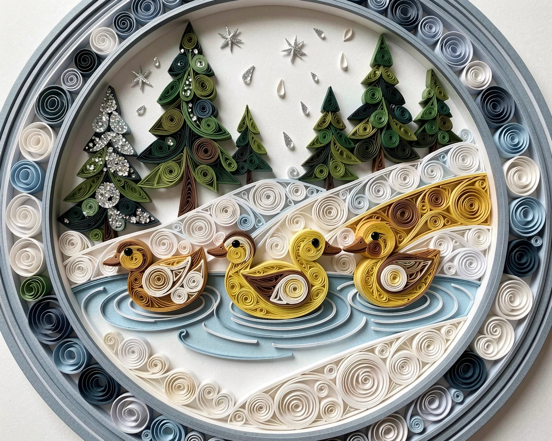 a duckling family paddling in a neat row on a snowy hillside dotted with pine trees, with tiny sparkling highlights catching the light, framed in a close-up circular vignette.