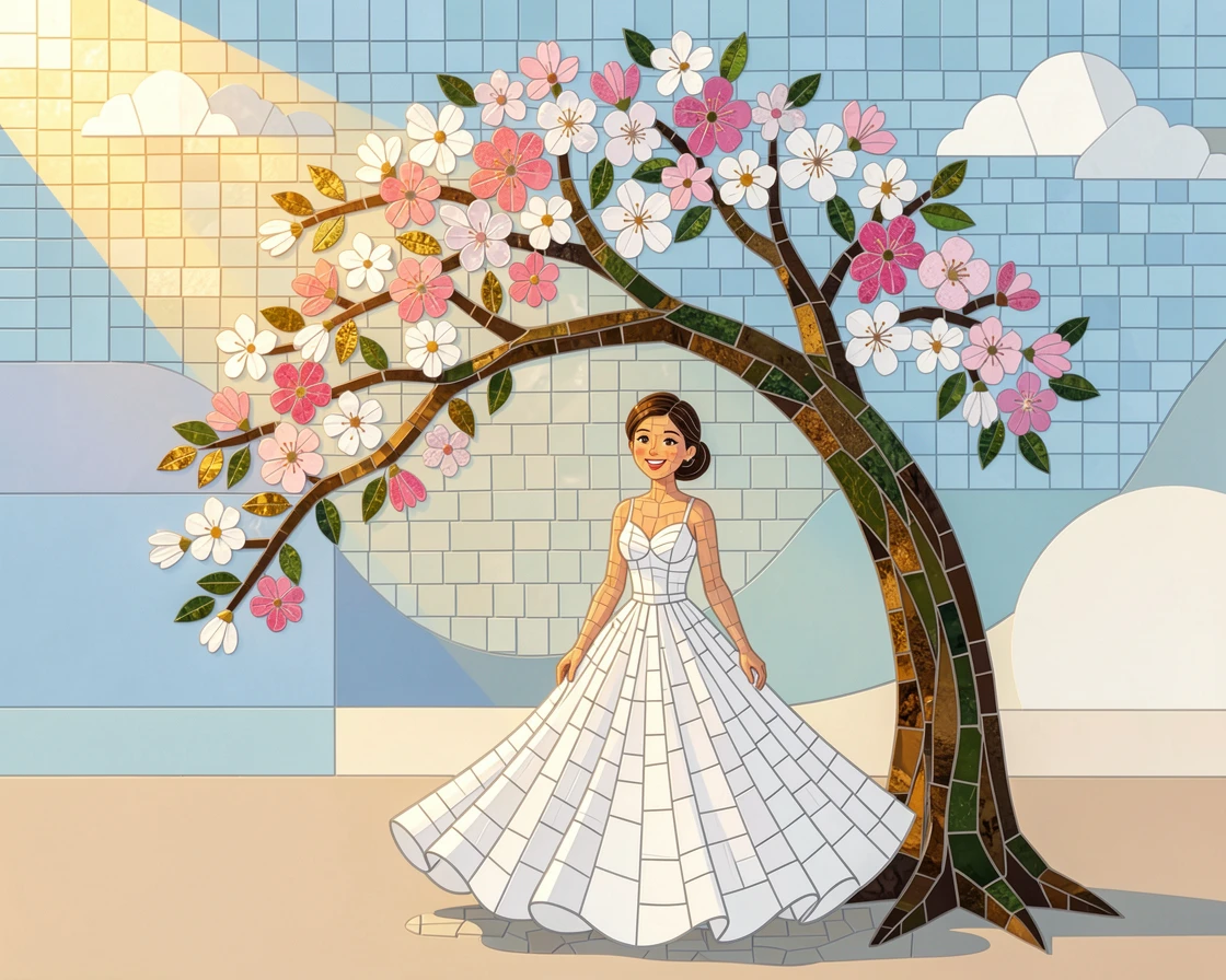 A candid, joyful moment of a bride in a flowing white gown standing beneath a blossoming tree, captured with warm golden light.