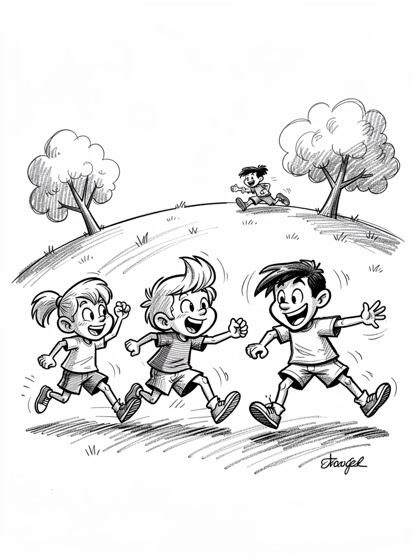 Children playing tag in a park on a breezy hilltop.