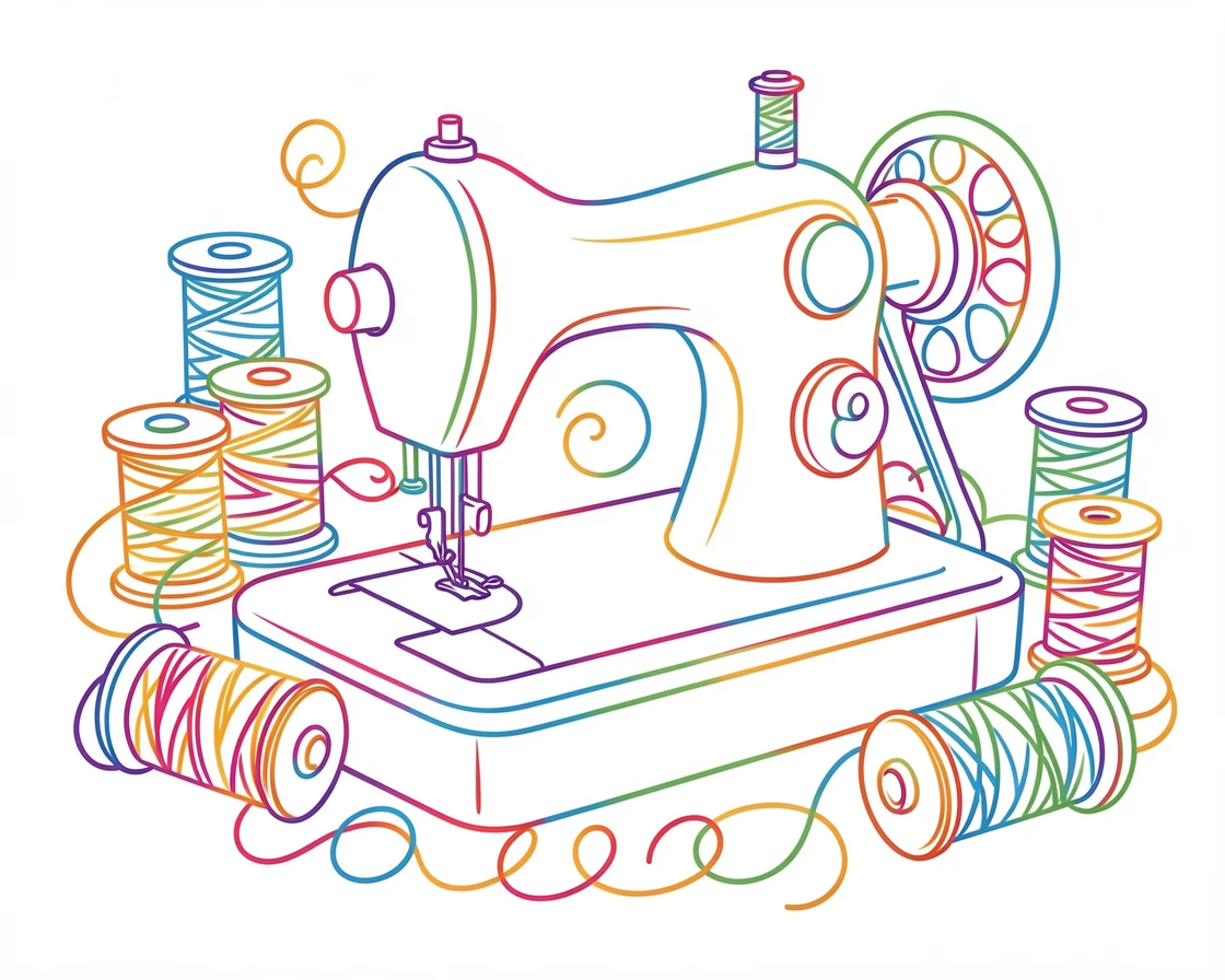 A vintage sewing machine surrounded by spools of colorful thread.