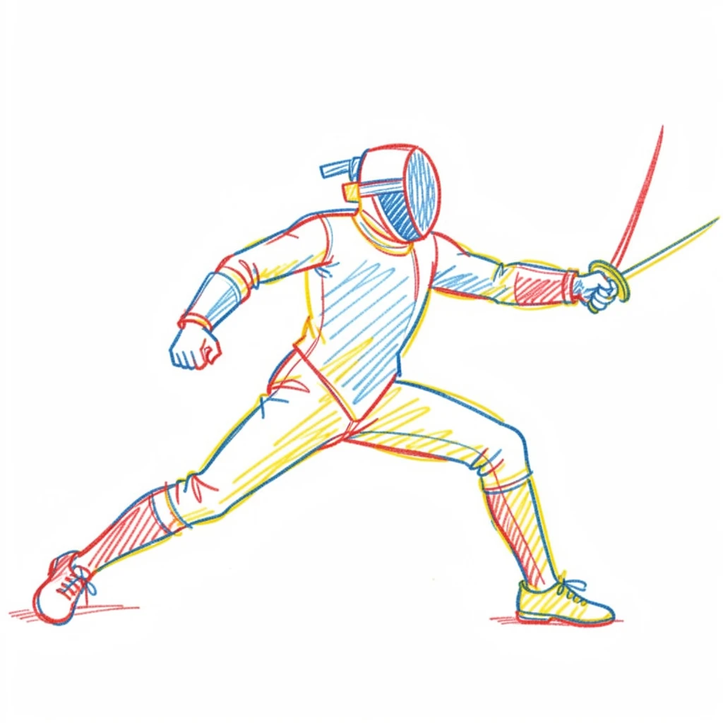 A fencer lunging forward mid-match, sword extended in a fluid motion