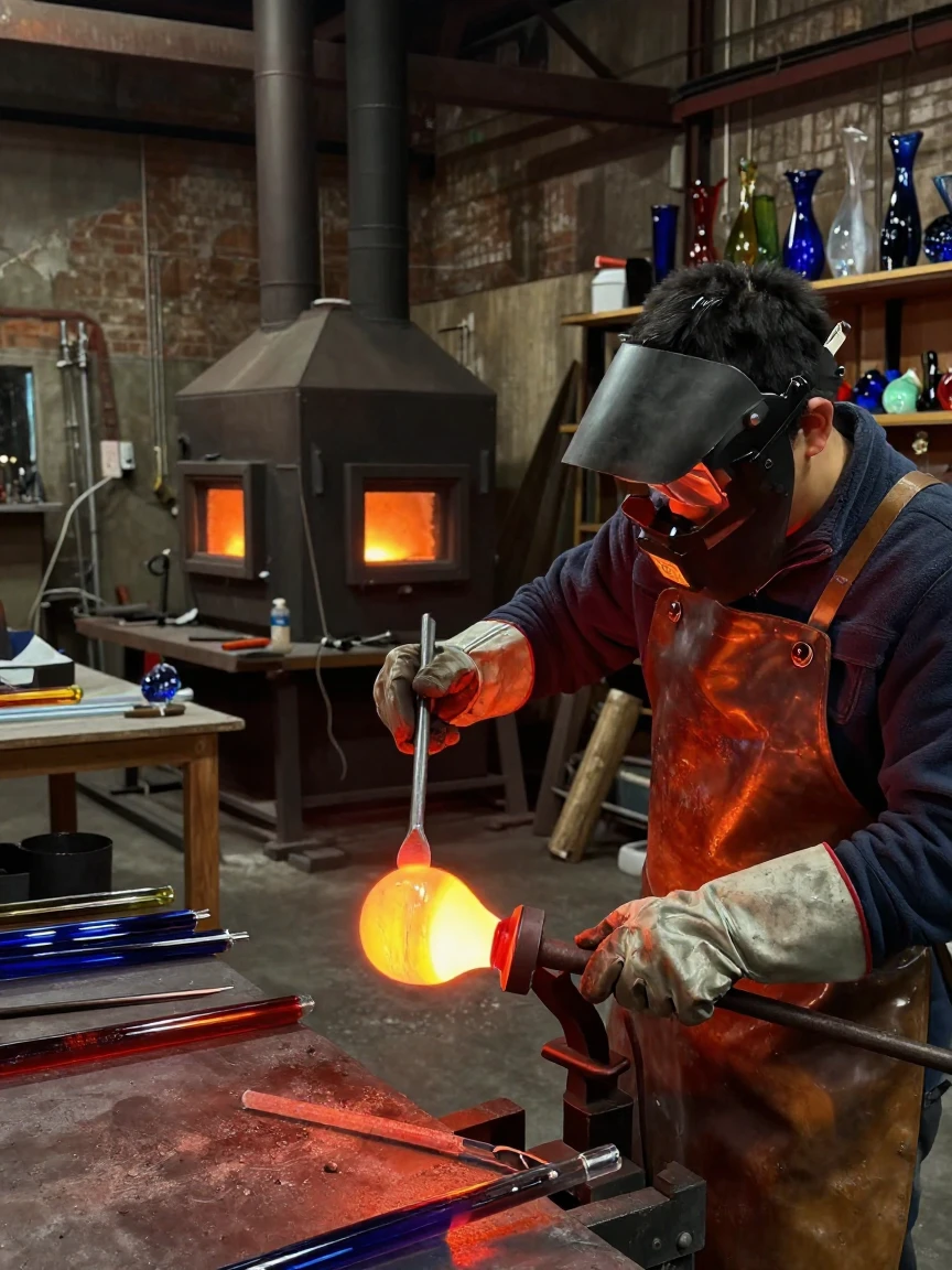 A glass workshop with molten glass being shaped by hand