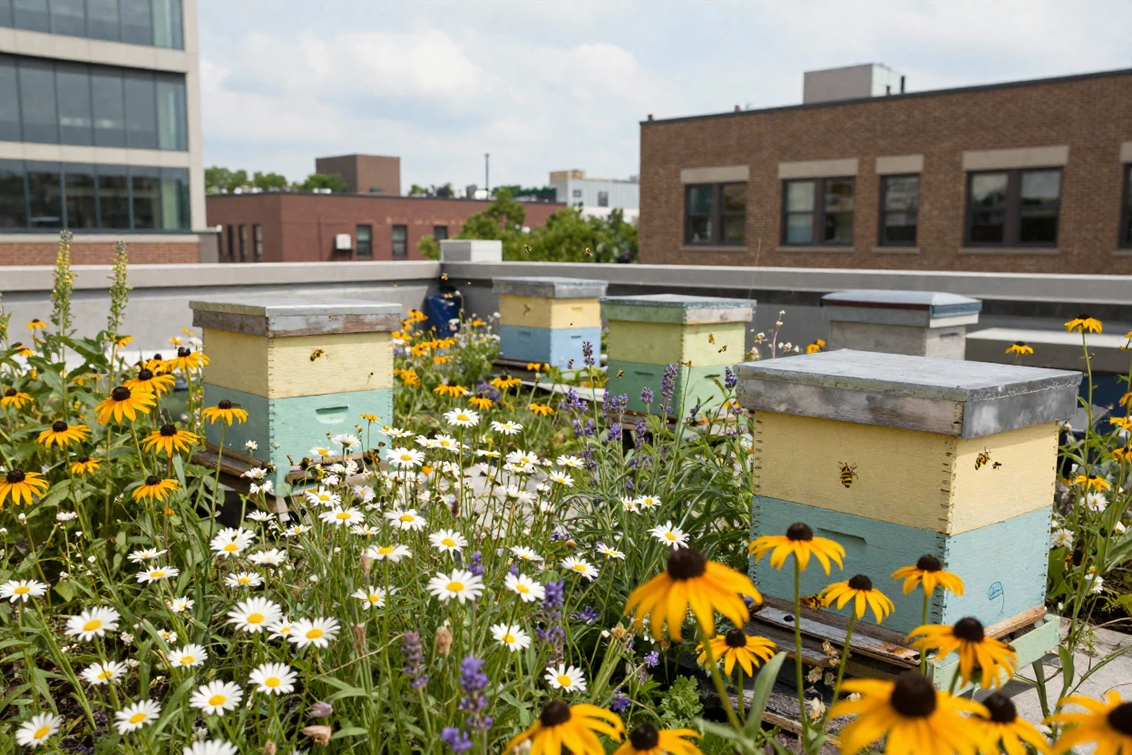 A rooftop garden city block is covered edge to edge in blooming wildflowers and beehives.