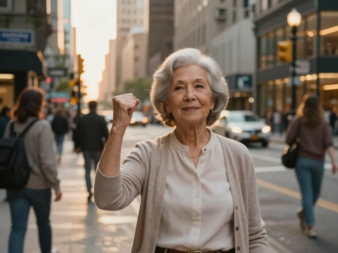 A proud grandmother celebrating a small but meaningful victory in the middle of a busy street