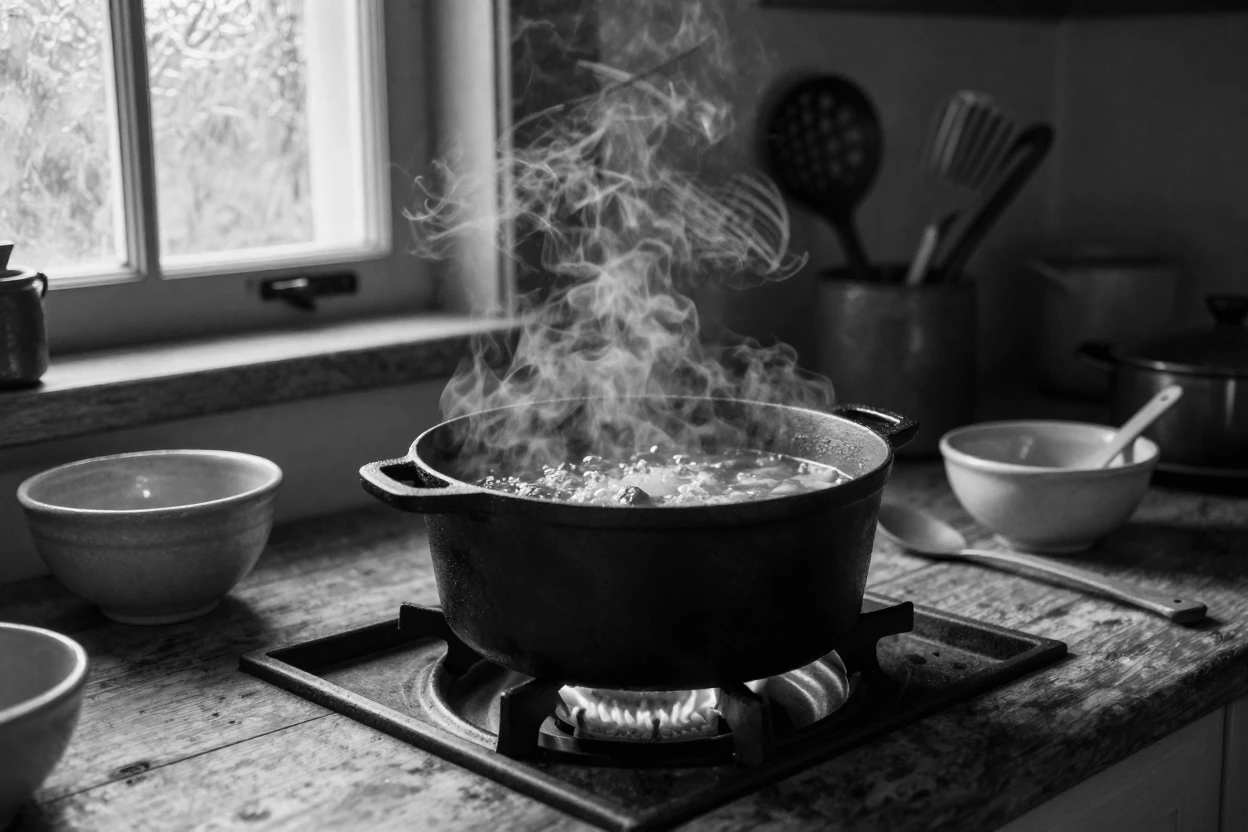 A simmering pot of stew bubbles gently over a low flame in a cozy farmhouse kitchen.
