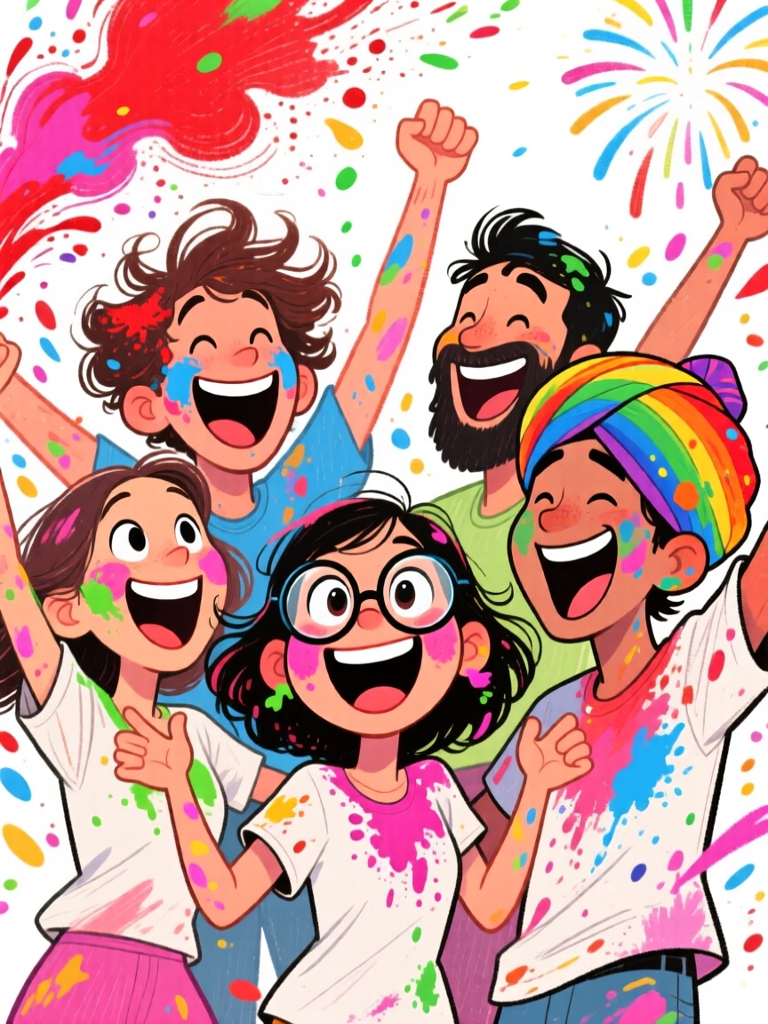 A group celebrating Holi, throwing vibrant colored powder into the air with joyful abandon.