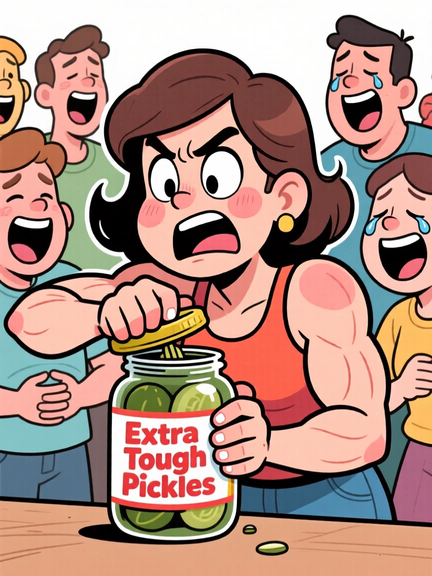 A funny expressive moment showing a woman struggling hilariously to open a stubborn jar, as everyone around them bursts into laughter.