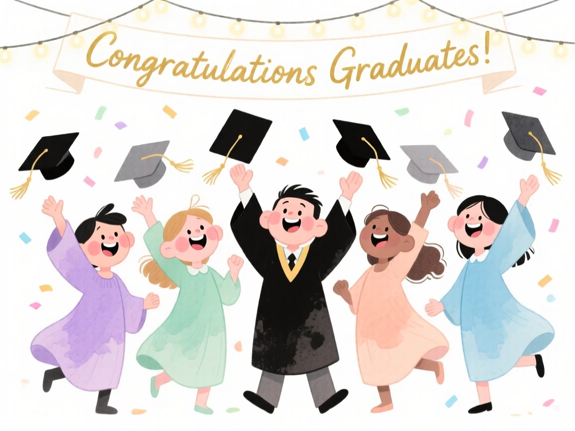 A joyful celebration scene of a graduation celebration with caps thrown into the air, glowing with soft festive light
