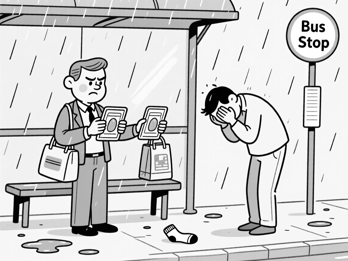 A shopper comparing two identical items with intense scrutiny, ducking dramatically the instant eye contact is made, set at a rain-soaked bus stop. A single sock lies abandoned nearby. It's the kind of relatable blunder everyone secretly recognizes.