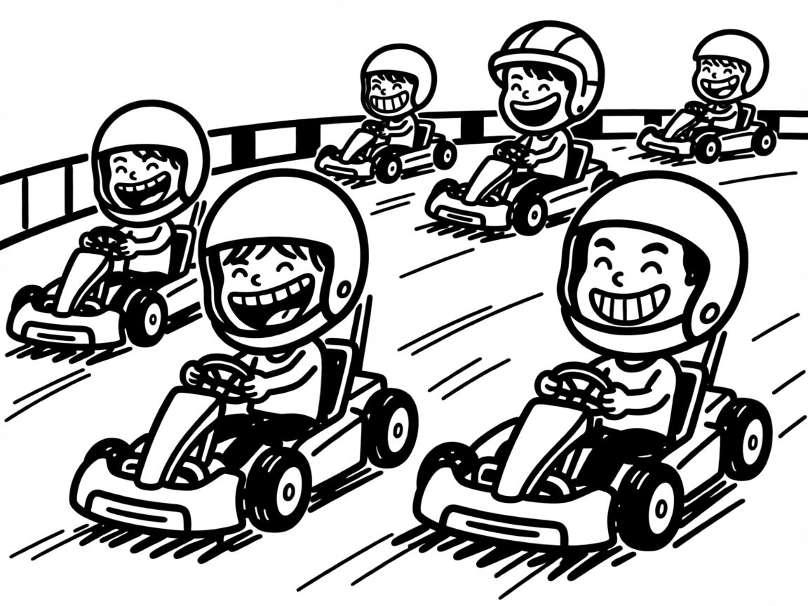 Kids racing go-karts around a track, huge grins and helmets on.