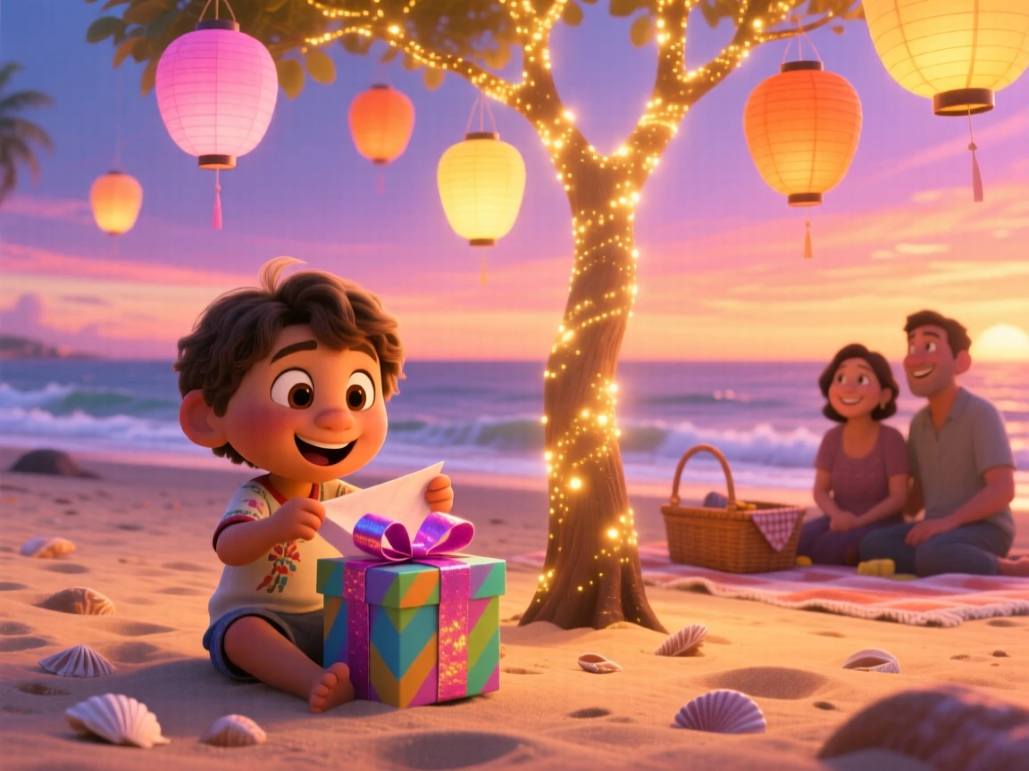 A child opening presents beside a glowing tree happens on a beach during a warm summer sunset, with paper lanterns swaying softly in the breeze. A festive warmth and togetherness fill the scene.