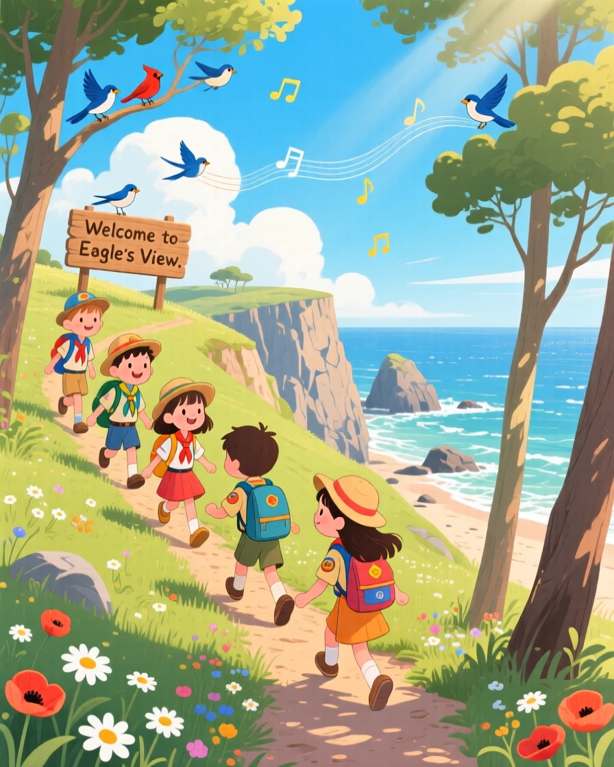 In a coastal cliffside trail, an adventurous scout troop is climbing to the top of a grassy hill for the view, with birdsong echoing through the trees.