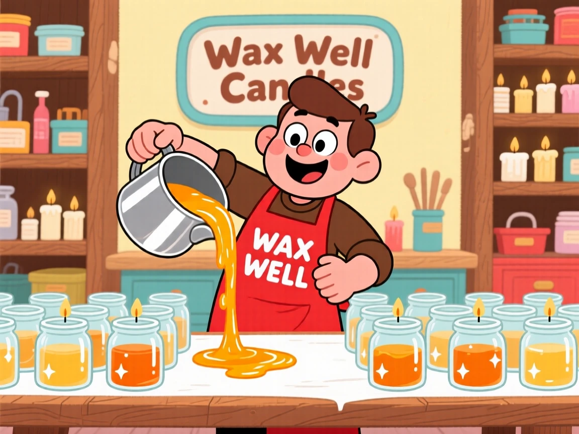 A candle maker pouring wax into rows of glass jars.