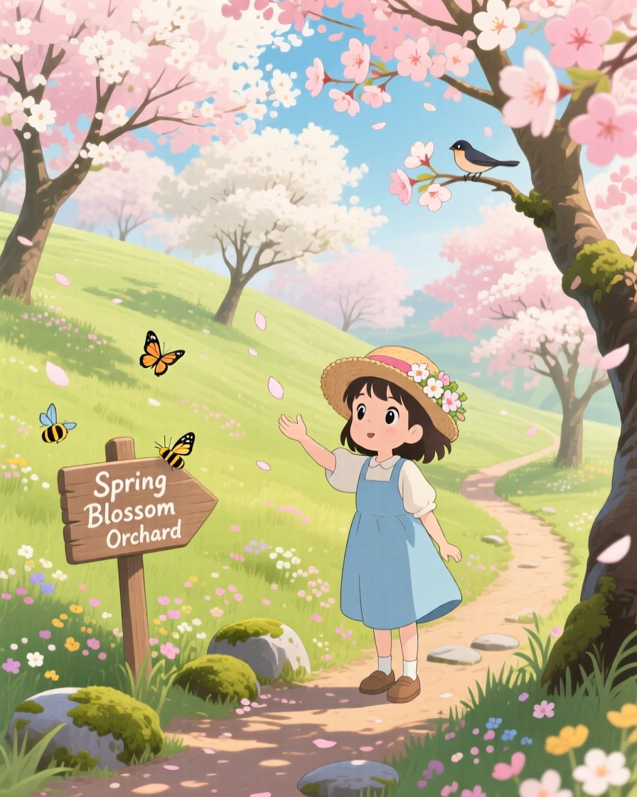 A spring scene of a hillside orchard bursting with pink and white blossoms, as small details of the season fill every corner.