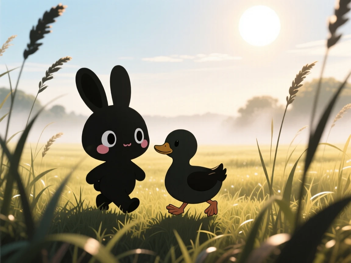 A rabbit and a duckling waddling together through tall grass in a sunny farm meadow on a misty foggy morning; bright midday sun washes over the scene as shy bashfulness fills the moment. Silhouette composition.