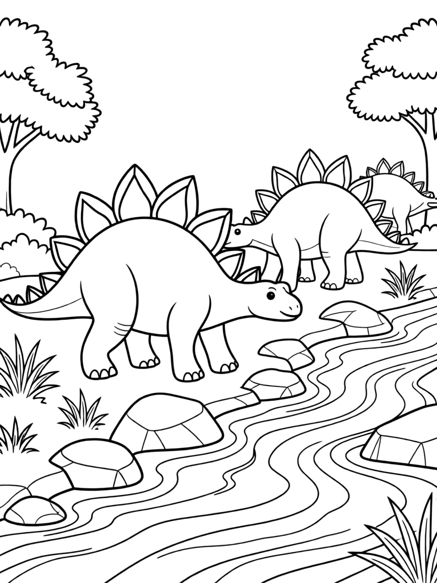 A group of Stegosaurus walking along a rocky riverbank