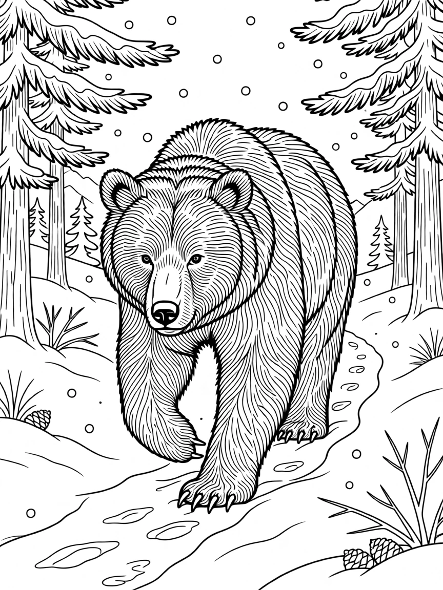 A grizzly bear tracking a trail through fresh snow, with intricate fur patterns and alert eyes.