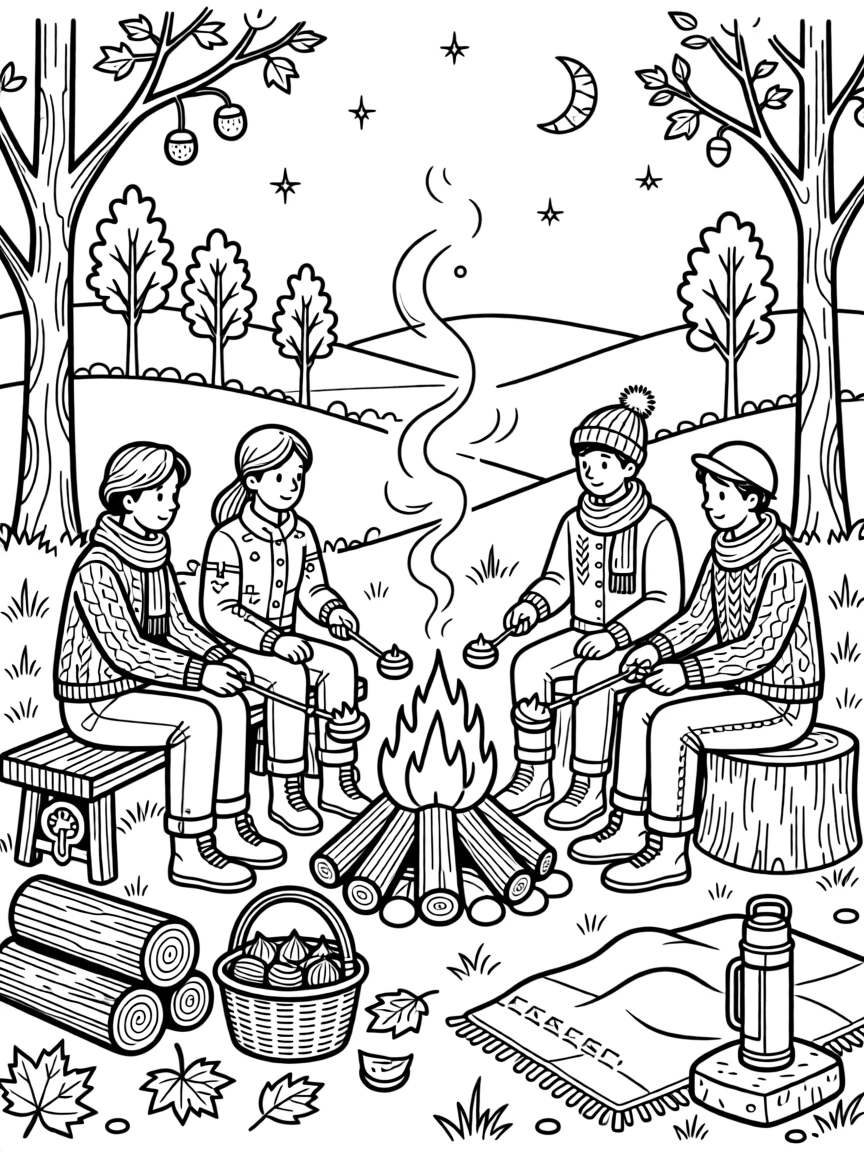 A cozy autumn bonfire scene with friends gathered around roasting chestnuts.
