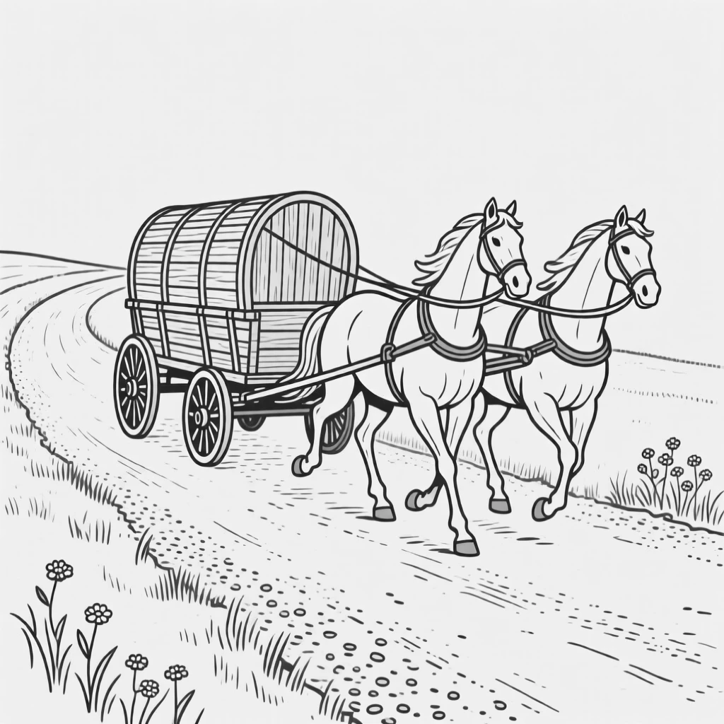A rustic wagon pulled by horses along a country road