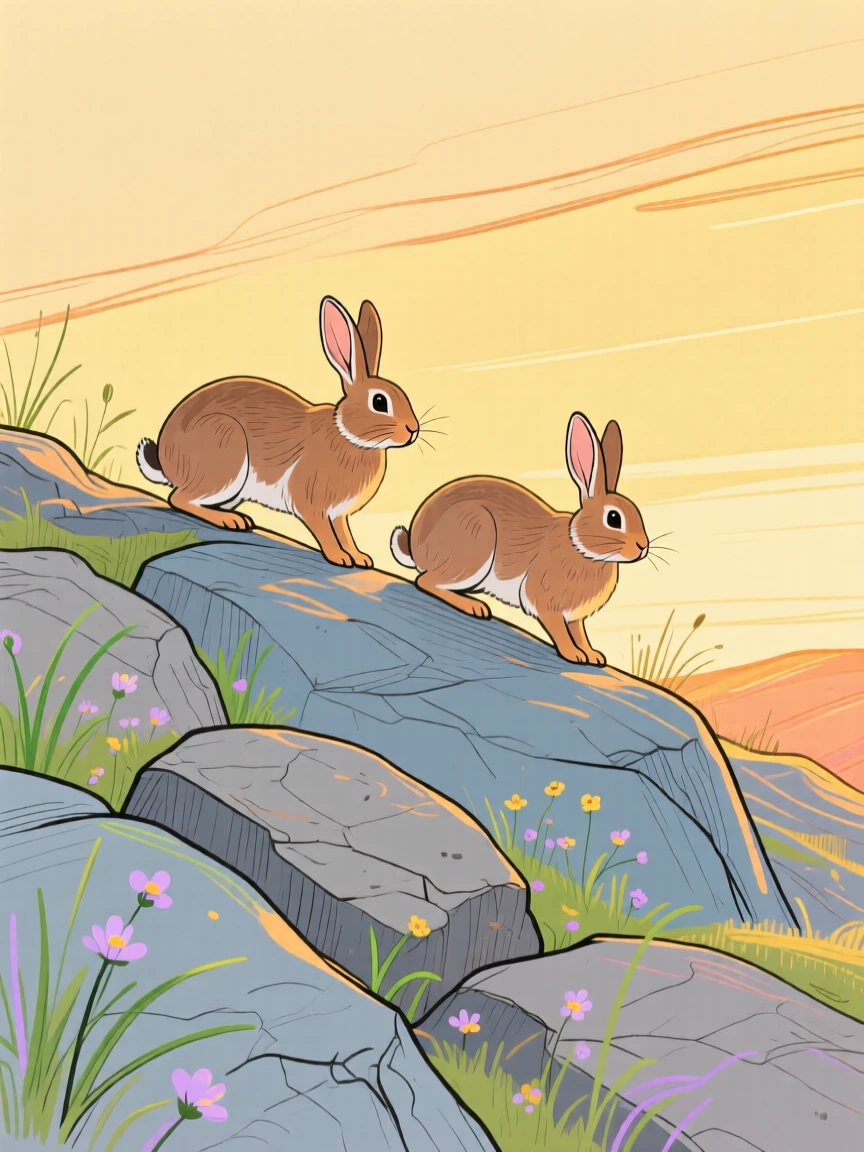 A pair of rabbits wandering on a rocky hillside during golden hour.