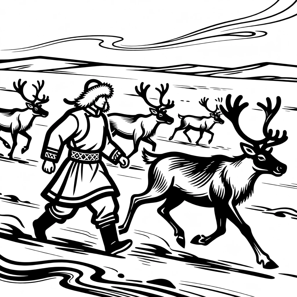 A traditional Sami reindeer herder crossing the arctic tundra with his herd.